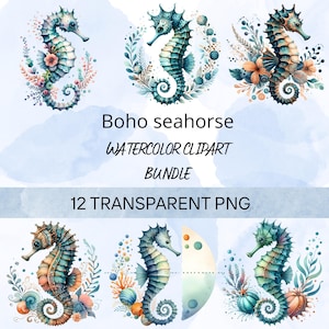 Floral Boho Seahorse Clipart - Hand-Painted Watercolor Ocean Animal| Watercolor Boho Seahorse with Flowers – Floral Ocean Clipart Set