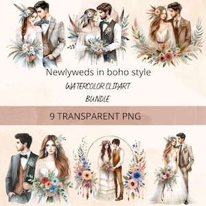 9 Boho bruidspaar clipart | Boheemse bruid en bruidegom PNG-set | Transparante achtergrond| 300 PDI| Een bruiloft |Pasgetrouwd| Voor kaartdruk