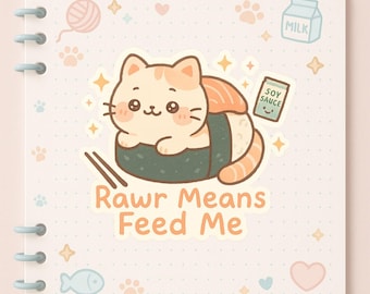 Adorables pegatinas troqueladas de sushi con forma de gato, calcomanía para laptop con un animalito adorable, regalo divertido para amantes de las mascotas, decoración con juegos de palabras, pegatinas para planificador, arte para habitación infantil