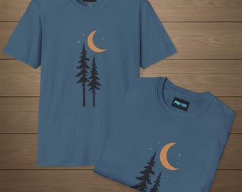 Camiseta gráfica inspirada en la naturaleza / Camiseta unisex suave con luna y pinos, regalo para amantes de las actividades al aire libre, ropa informal, moda ecológica