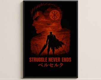 Póster mate sin marco "Berserk Guts Struggle Never Ends", arte mural, decoración de anime, regalo para fans, arte mural cinematográfico, mejora estética del hogar