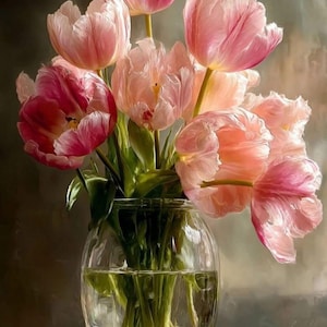 Peut inclure: Un vase en verre transparent rempli d'un bouquet de tulipes roses. Les tulipes présentent des pétales froissés avec des nuances de rose et des bords blancs. Le vase est posé sur un fond neutre, mettant en valeur les fleurs vibrantes.