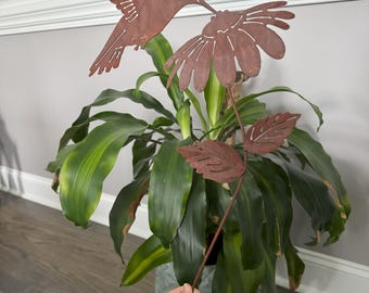 Rustic Metal Hummingbird Garden Stake: Patina Finish, 29"