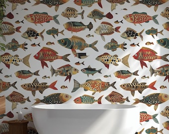 Mural de papel pintado de peces autoadhesivo: temática de océano tropical, extraíble