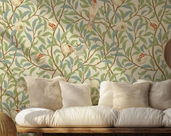William Morris Style Pomegranate Bird Wallpaper - Botanical Peel and Stick Wall Mural