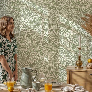 Carta da parati botanica verde salvia, motivo floreale vintage a foglie, murale rimovibile e attaccabile per camera da letto, cameretta o soggiorno