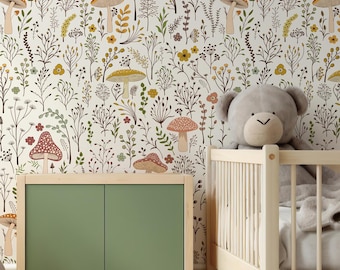 Mushroom Wallpaper: Boho Botanical Peel and Stick Wall Mural