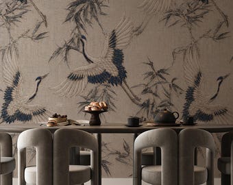Crane Bird Wallpaper - Japanese Bamboo Botanical Wall Mural - Blue Beige Chinoiserie Home Decor - Custom Size