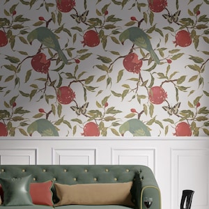 Vintage Pomegranate Garden Wall Mural: Parrot & Butterfly Peel and Stick Wallpaper