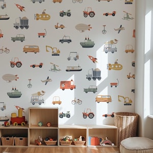 Transport Vehicles Peel and Stick Wallpaper  – Custom Size Removable Kids Car, Truck, Boat & Plane Wall Mural, Nursery Wall Decor