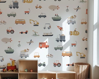 Kids Transport Wallpaper – Removable Car, Truck, Plane Wall Mural