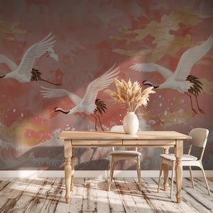 Red-Crowned Crane Wallpaper Mural: Peach & Gold Asian Art Wall Decor