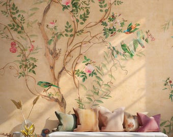 Mural de pared con pájaros y flores estilo chinoiserie, papel pintado botánico vintage autoadhesivo