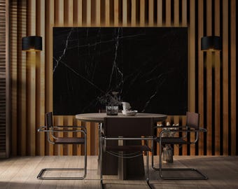Modern Wood Slat Black Marble Wallpaper: Peel and Stick Wall Mural