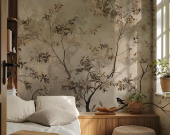Beige Botanical Chinoiserie Wall Mural, Birds and Trees Peel and Stick Wallpaper
