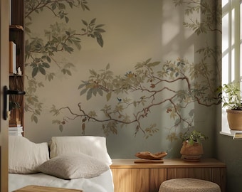 Beige Chinoiserie Wallpaper with Birds and Trees – Botanical Peel and Stick Wall Mural