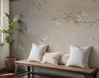 Beige Floral Wall Mural: Neutral Blossom Peel and Stick Wallpaper