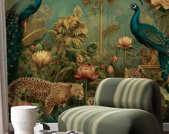 Luxury Tropical Peacock & Leopard Wallpaper: Peel and Stick Wall Mural