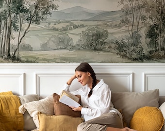 Watercolor Landscape Wallpaper - French Countryside Wall Mural - Neutral Rustic Decor - Custom Size Wallpaper