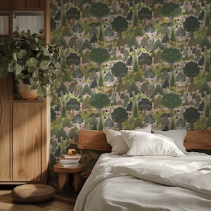 Whimsical Forest Wallpaper Mural, Lush Green Trees Peel and Stick Wallpaper, Landscape Wallpaper, Vintage Botanical Wall Art, Custom Size