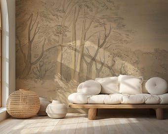 Vintage Landscape Peel and Stick Wallpaper – Neutral Sketch Wall Mural