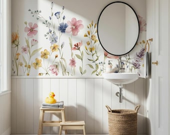 Carta da parati murale con fiori selvatici ad acquerello, staccabile e attaccabile: arte murale botanica su misura