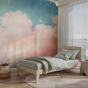 Carta da parati con nuvole acquerellate, carta da parati murale con cielo pastello, carta da parati con tramonto da sogno per cameretta o camera da letto, carta da parati adesiva o in tessuto non tessuto
