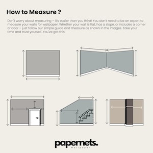 May include: A guide titled "How to Measure?" with diagrams showing how to measure walls for wallpaper, including flat walls, corners, doors, and sloped areas. The papernets. wallpaper logo is at the bottom. The text encourages the user to trust themselves.