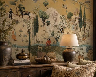 Asian Landscape Wallpaper - Persian Miniature Wall Mural - Elegant Home Decor - Custom Size