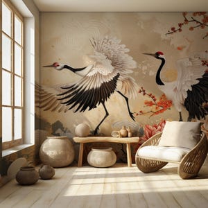 Kranich Tapete: Kirschblüte Schälen und aufkleben Wandbild