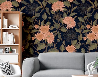 Papier peint autocollant floral bleu marine - Décoration murale botanique or rose