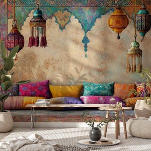 May include: A vibrant interior scene with a sofa adorned with patterned cushions, a wooden bench, and ornate hanging lanterns. The textured wall displays intricate patterns. Potted plants and a small table with decor create a bohemian-style living space.