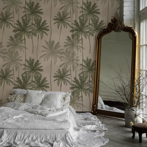 Papier peint palmier aux dimensions personnalisées – Papier peint tropical autocollant pour salon ou chambre à coucher – Décoration murale amovible dans des tons neutres