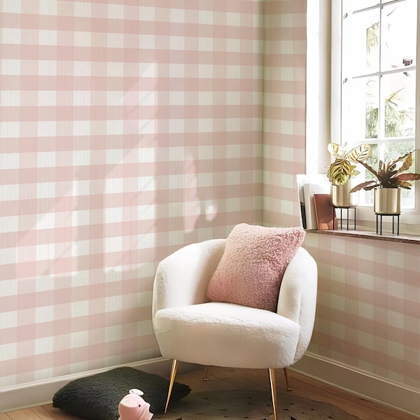 Papel pintado autoadhesivo de cuadros vichy rosas: Mural de pared extraíble