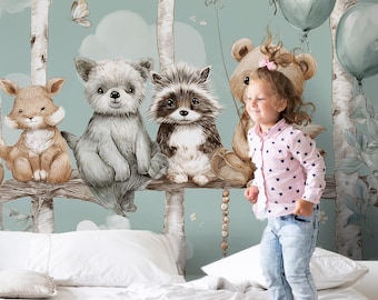 Woodland Animals Nursery Wallpaper, Cute Bear Deer Forest Kids Room Decor