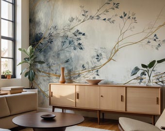 Watercolor Gold Branch Wallpaper: Elegant Botanical Mural, Custom Size