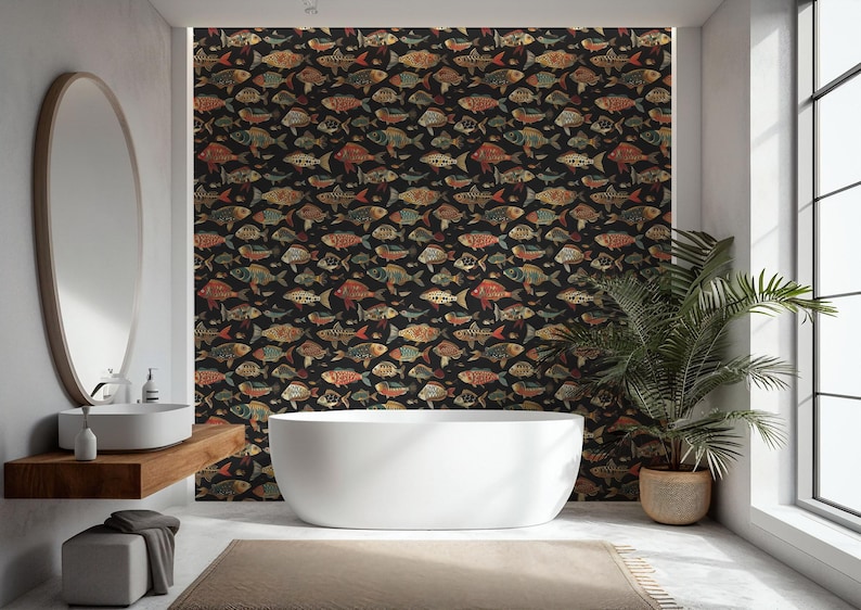 May include: A contemporary bathroom featuring a white bathtub, a wooden vanity with a circular mirror, and wallpaper adorned with colourful fish on a black backdrop. A potted plant is near a large window.