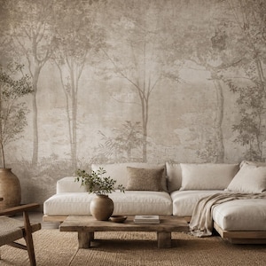 Forest Wallpaper Mural: Sepia Tree Landscape, Neutral Peel and Stick Wall Art