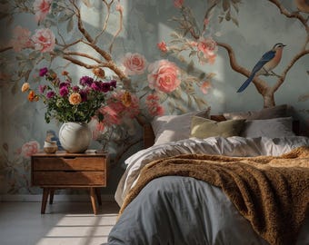 Chinoiserie Botanical Wall Mural: Vintage Floral Wallpaper, Rustic Bird and Tree Wall Mural
