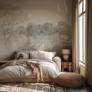 Custom Size Peel and Stick Wallpaper: Neutral Vintage Watercolor Landscape Wall Mural