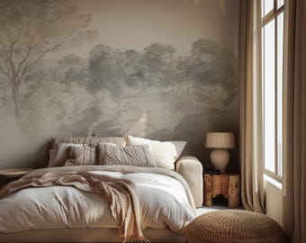 Custom Size Peel and Stick Wallpaper: Neutral Vintage Watercolor Landscape Wall Mural