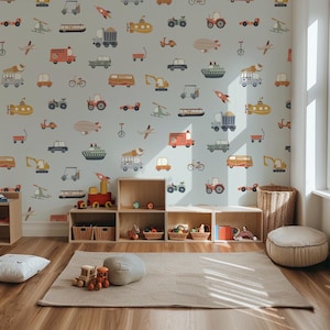 May include: A child's playroom featuring a light blue wall adorned with vehicle illustrations. Wooden storage cubes house toys and baskets. A beige rug, a floor cushion, and a woven basket are present. A wooden toy train is on the rug.