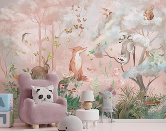 Woodland Nursery Wallpaper Mural: Fox, Raccoon, Bunnies - Peel and Stick