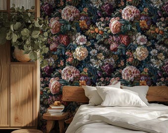 Papel pintado floral vintage oscuro, mural de peonías y rosas, mural de jardín melancólico, decoración romántica estilo cottagecore para sala de estar y dormitorio.