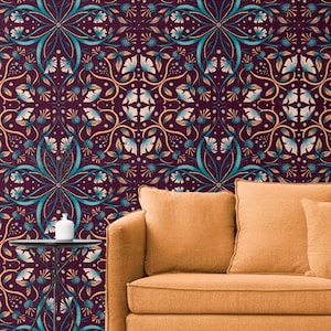 Burgundy Pattern Wallpaper, Vintage Wall Mural Peel and Stick Wallpaper, Home Decor Wall Art, Custom Size Wallpaper