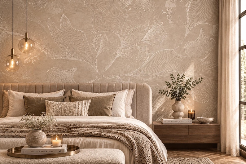 Ginkgo Leaf Wallpaper -beige Botanical Wall Mural -organic Modern Decor ...
