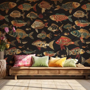 May include: A dark wall with a repeating pattern of colourful fish illustrations. A wooden bench with cushions in pink, green, and yellow sits below the wall. A vase of flowers and a woven basket are on the left.