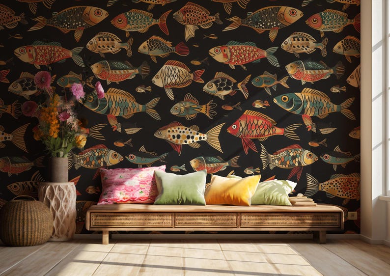 May include: A dark wall with a repeating pattern of colourful fish illustrations. A wooden bench with cushions in pink, green, and yellow sits below the wall. A vase of flowers and a woven basket are on the left.