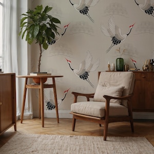 Japanese Crane Mural: Red Crowned Crane Peel and Stick Wallpaper