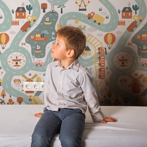 Papel pintado con mapa de carreteras; papel pintado infantil con circuito de coches, mural para habitación infantil, papel pintado a medida.